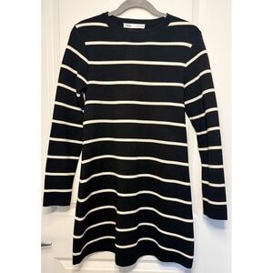 Zara Black White Striped A Line Sweater Dress Stretch Knit Small Long Sleeve